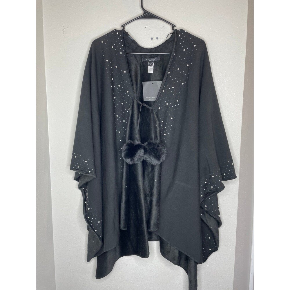 Marc New York Studded Poncho Wrap Black Faux Fur Pom One Size NWT